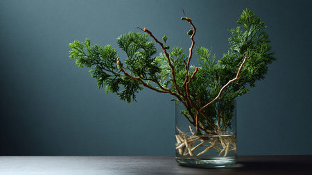Bonsai tree in a glass vase on a dark backgroundの写真素材