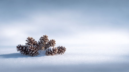 Pine cones in the snow on a blue background with copy spaceの写真素材