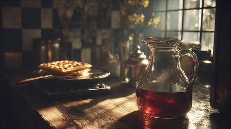 Still life with a jug of red wine on the table in the kitchen