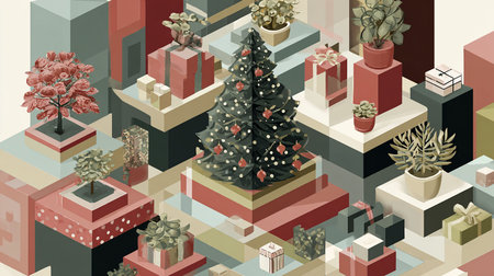 Vector isometric illustration of Christmas tree and gift boxes in the cityの写真素材