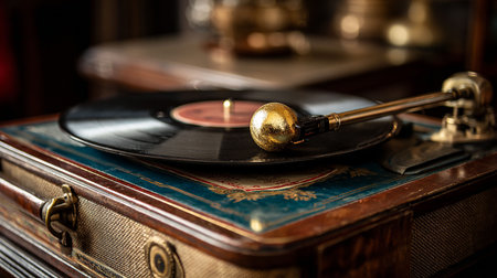 Vintage gramophone on a wooden table. Close-up.の写真素材