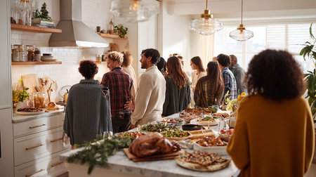 Diverse group of friends having dinner together in a kitchen at home