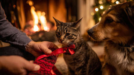 Cute cat and dog in front of a fireplace at home.の写真素材