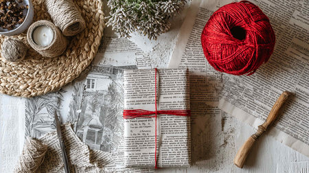 Gift box wrapped in red paper and tied with a ribbon, on a wooden background