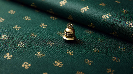 Close-up of a Christmas bell on a green and gold background