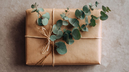 Gift box with eucalyptus branches on a gray backgroundの写真素材
