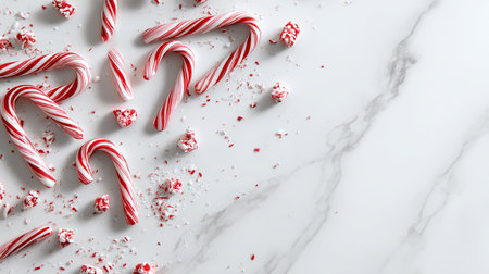Candy canes on white marble background, top view. Space for textの写真素材