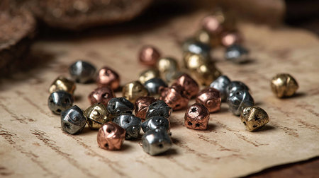 Close up of copper bells on old paper. Selective focus.