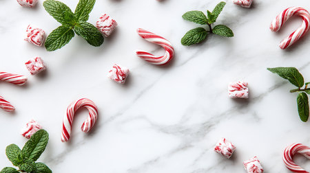 Candy canes and mint leaves on white marble background, top viewの写真素材