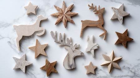 Wooden reindeer and star shapes on a white marble background