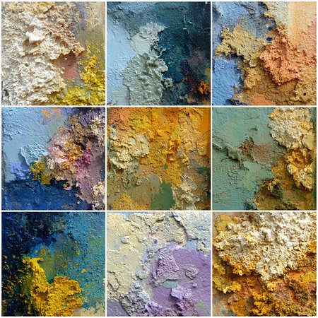 Collage of different multicolored peeling paint on a white backgroundの写真素材