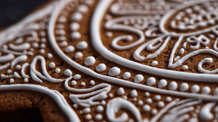 gingerbread cookie with white pattern on a dark background. macroの写真素材