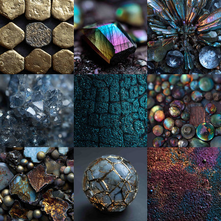 Collage of different mineral textures. Collection of precious stones and minerals.