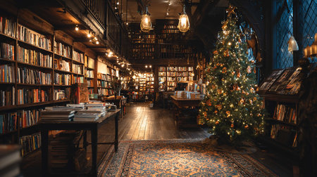 Luxury library interior with christmas tree and bookshelvesの写真素材