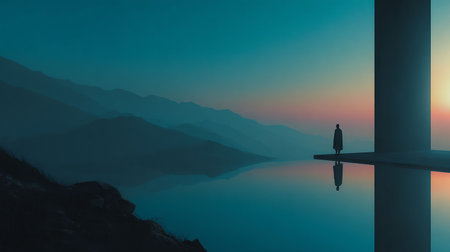 Silhouette of a man standing on the balcony overlooking the lake at sunsetの写真素材