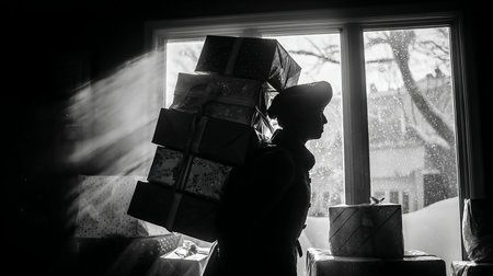 Silhouette of a girl holding a box of gifts. Black and white photo.の写真素材