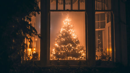 Christmas tree in front of a window with a garland of lightsの写真素材