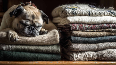 Pug dog sleeping on stack of knitted sweaters. Toned.の写真素材