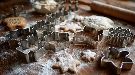 christmas cookies and cookie cutters on a wooden table with flour