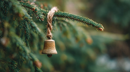Christmas bell hanging on a fir tree branch. Selective focus.