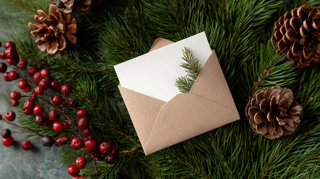 Christmas greeting card mockup with envelope, pine branches and berries on grey background