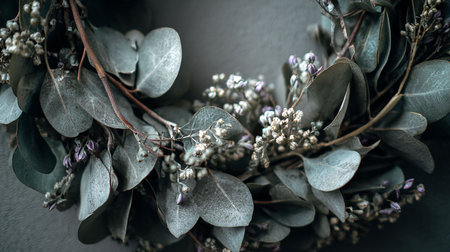 Eucalyptus branches with flowers on a dark background.の写真素材