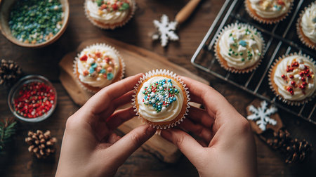 cropped view of woman decorating christmas cupcakes with colorful sprinkles
