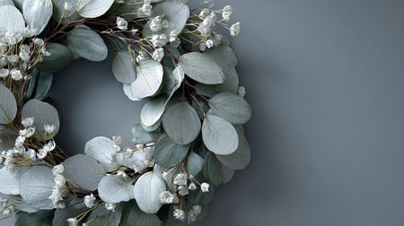 Elegant wreath of eucalyptus branches on gray backgroundの写真素材
