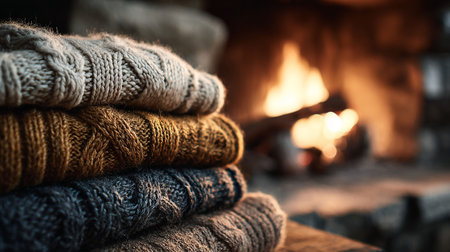 Stack of warm knitted sweaters in front of the fireplace.