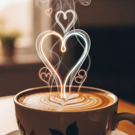 Coffee cup with heart shape pattern on coffee shop background.の写真素材