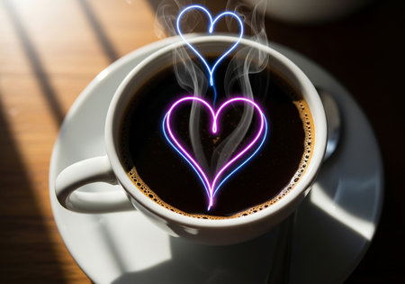 Cup of coffee with heart shape on wooden table, close upの写真素材