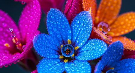 Bouquet of colorful flowers with dew drops close-up