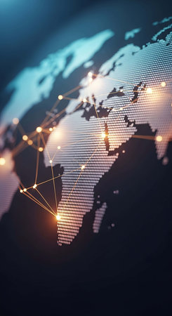 Digital world map with glowing connections on dark background. Technology and communication concept. 3D Renderingの写真素材