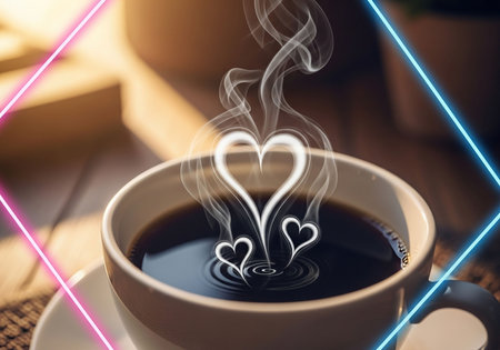 Cup of coffee with heart shape on wooden background. Love concept.の写真素材