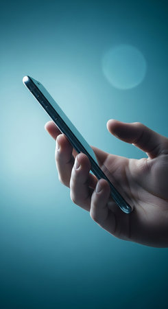 Smartphone in hand on a blue background. The concept of communication and technology.の写真素材