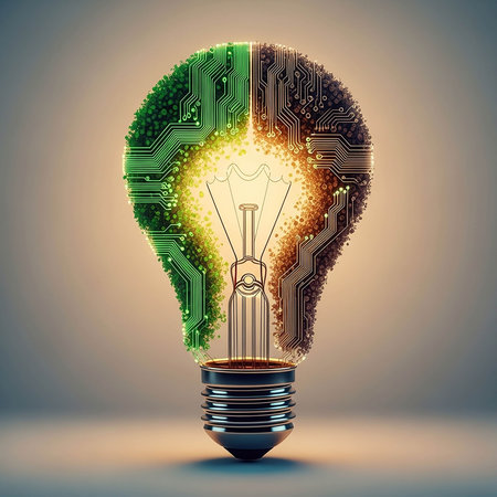 Electric light bulb with circuit board inside on grey background. Vector illustration.の写真素材
