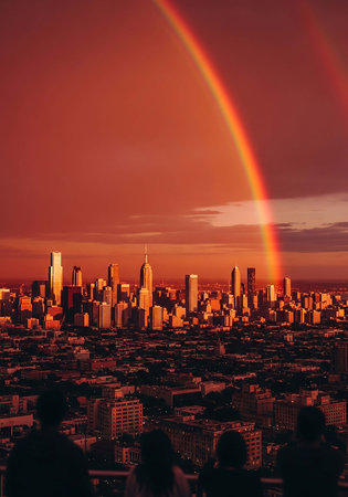 Aerial view of skyline with rainbow at sunset.の写真素材