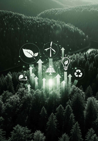 Ecology concept with green forest and windmills in the backgroundの写真素材