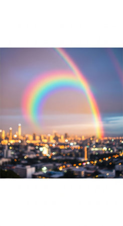 Rainbow over the city, blurred background, bokeh.の写真素材