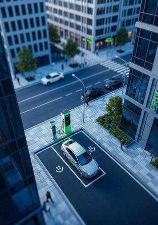 Aerial view of electric car charging in city. 3D renderingの写真素材