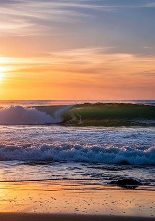 Beautiful sunset over the ocean with waves crashing on the shore.の写真素材