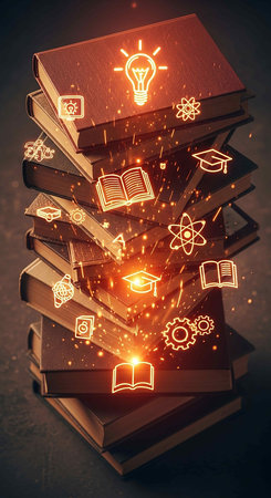 Books with glowing light bulb and education icons. Knowledge concept. 3D Renderingの写真素材