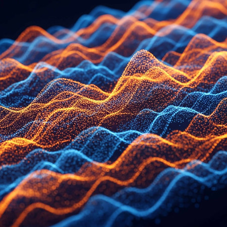 3D rendering of abstract digital landscape with glowing particles. Futuristic wave with depth of field and bokeh.の写真素材