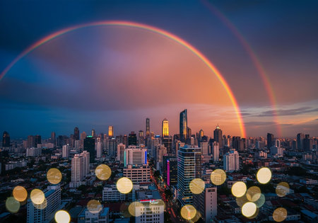 Beautiful rainbow over Bangkok cityscape at twilight time, Thailand.の写真素材