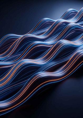 Abstract blue and orange wavy lines on dark background. Vector illustration