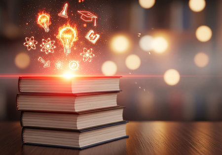 Books with glowing light bulbs on dark background. Education and knowledge conceptの写真素材