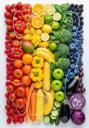 Healthy fruits and vegetables background. Fresh fruits and vegetables background.の写真素材