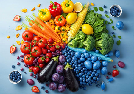 Healthy food background. Vegetables, fruits and berries on blue wooden tableの写真素材