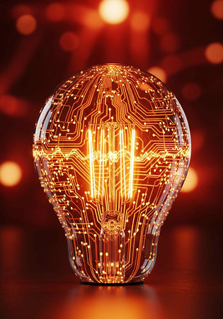 Lightbulb with circuit board on red background. 3D renderingの写真素材