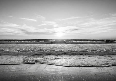Sunset on the beach in black and white. Black and white.の写真素材